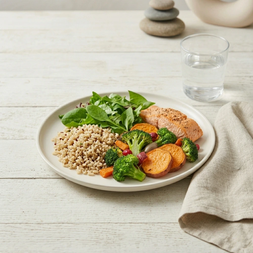 Assiette équilibrée avec légumes, protéines et féculents — illustrant l'équilibre alimentaire durable sans privation